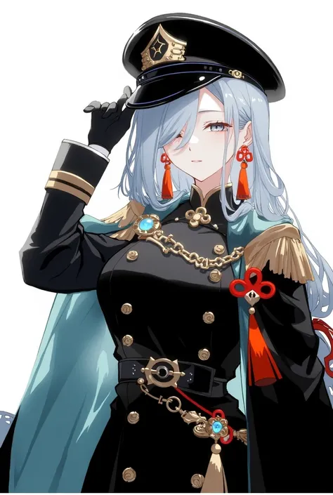 a woman, with beautiful, ethereal appearance, long slick white hair, grey eyes, hourglass-body, wearing a Japanese military uniform with a dark black cape behind her, and theres a hydro vision 