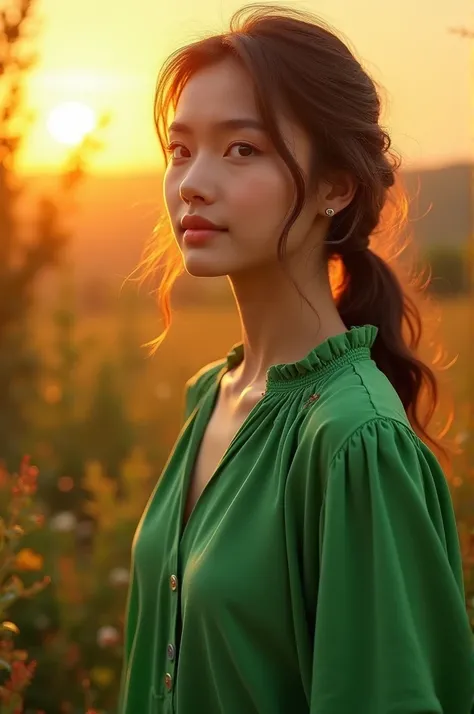 Green blouse catching the sunset light