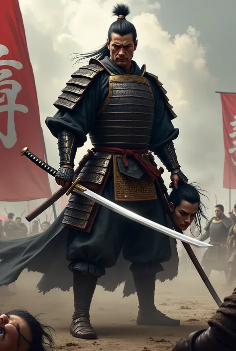 Image of a samurai in combat attire, holding a katana in his right hand and a decapitated enemy head in his left hand. The body of the decapitated enemy lies on the ground. The background is a battlefield with lots of smoke and banners of the protagonists ...