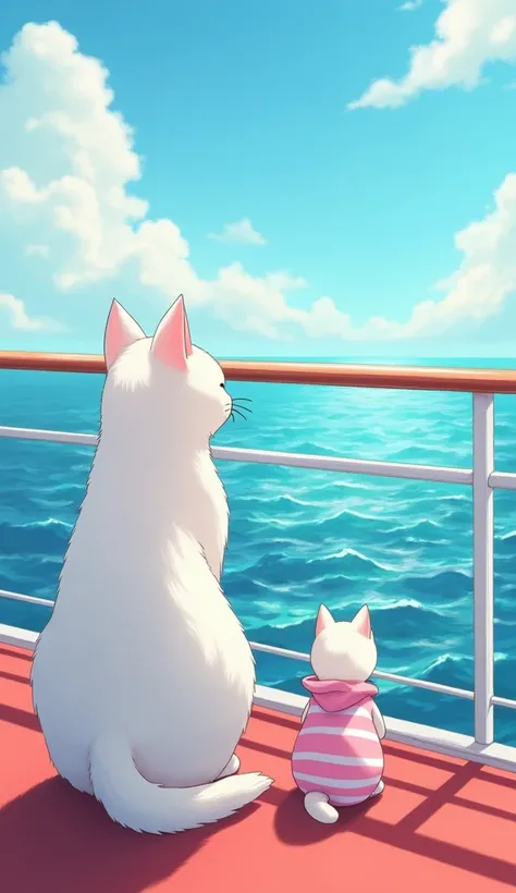 white cat in red stands on a cruise ship deck, looking out at the ocean. Beside it is a smaller white cat wearing a pink striped outfit, both gazing into the distance on a sunny day.