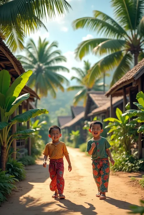 Malay village atmosphere, with the soothing presence of coconut trees and banana trees lining the streets. Boys in traditional attire are engaged in playful activities, their laughter echoing in the warm air as they frolic in front of quaint houses. The sc...