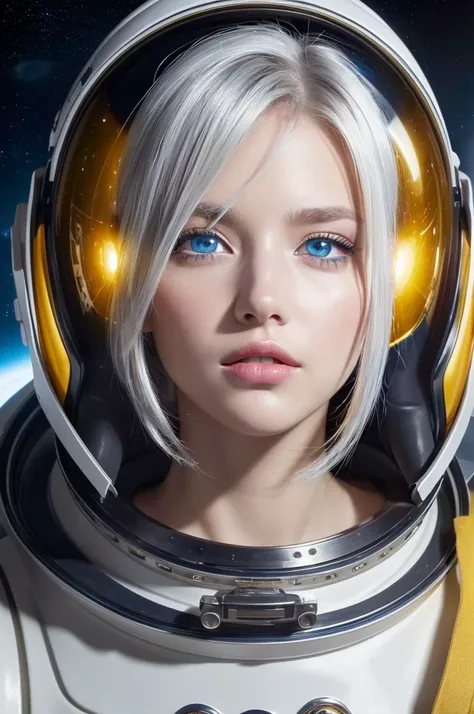 A closer look at a better masterpiece：1.5)0.9]、(Space and astronauts：1.2) (Disheveled silver hair：1.1) (Heterochromia and Yellow and Blue Eyes：1.2) (Space Helmet：1.0) (Colored stars in the eyes：1.0) (Shining Light：1.1) (Thick lips：0.9)