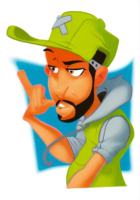 wearing a green cap, matching sleeveless vest, gray hoodie, making a pointing gesture with one hand, sideway pose, vibrant colors, cartoon style, lively atmosphere, saturated tones, illustrative drawing, light coming from the left. 8k