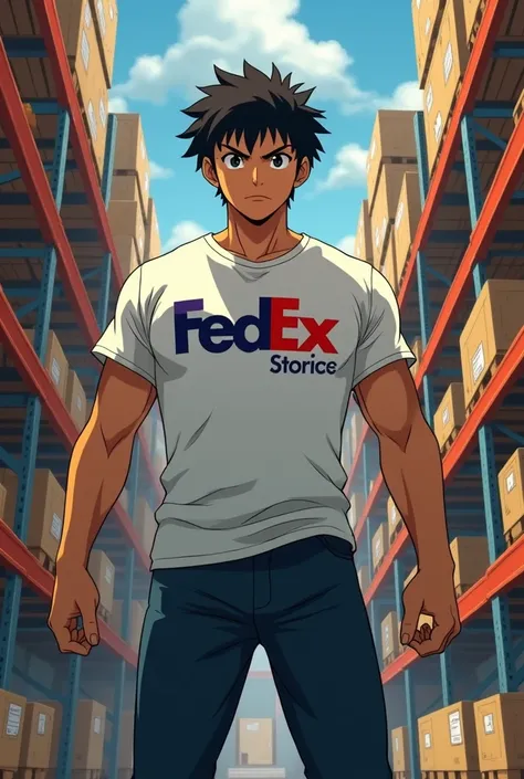 hajime no ippo in a fedex t shirt at fedex warehouse but in 1080x1920