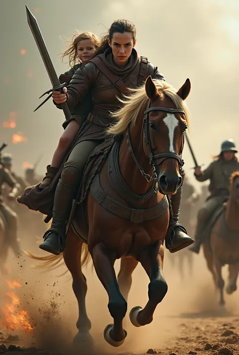 Visualize a powerful warrior queen clad in rugged leather armor, riding a galloping horse through a chaotic battlefield. She grips a sword in one hand, ready for battle, while her 2 to  child is securely fastened to her back with a leather strap. The queen...