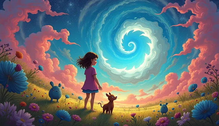 "Lila, now magically pulled into the painting, finds herself in a fantastical land filled with bright, swirling colors and whimsical creatures. She is surrounded by talking animals and a vivid, dreamlike landscape."