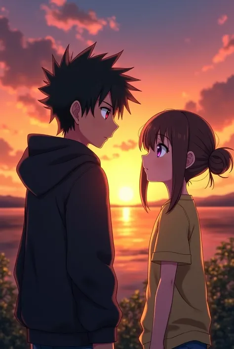 Anime boy ((( Spiky hair , black hair , black hoodie , red eyes , narrowed eye , handsome ))) , anime girl ((( purple eyes , brown hair , tied single bun hair style , yellow t shirt , blank t shirt ))) , matured , sunset theme , watching sunset , romantic