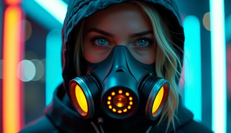 A highly detailed and epic image of a blonde woman wearing a toxic gas mask with glowing neon accents. The mask is sleek and industrial, covering her mouth and nose, with glowing yellow lights that give it a futuristic look. The woman has striking blue eye...