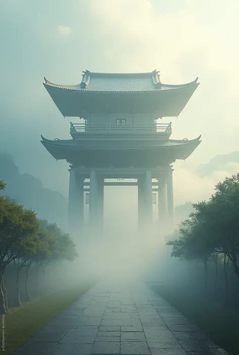 (The rain has stopped and everything has been purified:1.2)、(The ancient Izumo Taisha Shrine emerges from a scene shrouded in mist and clouds.:1.4)、(The roof is shining in the soft sunlight.)、Ancient Japanese Shrine Architecture、(The ancient Izumo Taisha s...