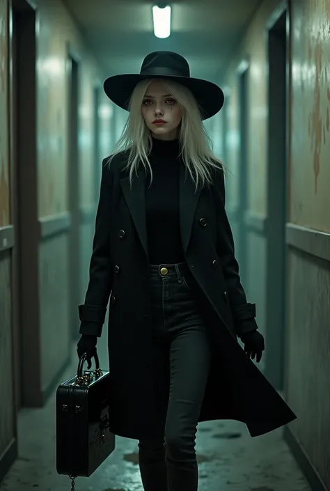 Draw a very beautiful albino girl who is crying and wearing a black trench coat. ,black jeans pants,black gloves and a black hat,And in his hand he has a black briefcase and in the pocket of his briefcase he has a black knife,In addition to having red eyes...