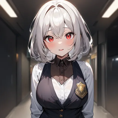 (1girl),big eyes,red eyes,White hair,hair_intakes,medium hair,big breast,blouse,masterpiece,best quality,very aesthetic,absurdres,(straight-on),(masterpiece, best quality, very aesthetic,absurdres,upper body,police 