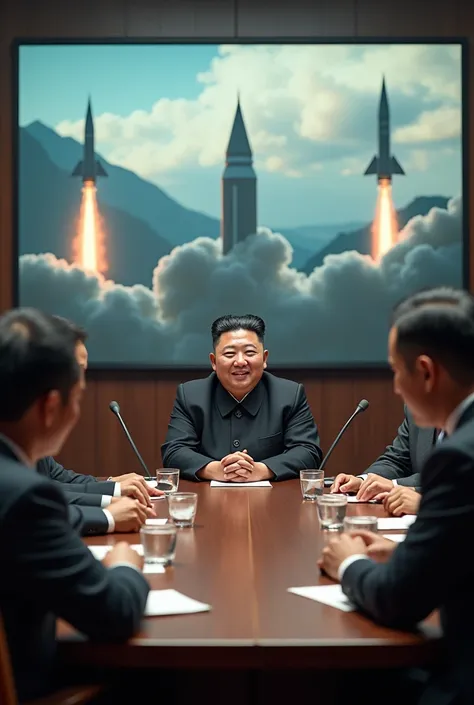 An international negotiating table, where Kim Jong-un is sitting with a confident smile, surrounded by representatives of other nations. Behind him, a giant screen showing missiles and flags, symbolizing intimidation and diplomacy.