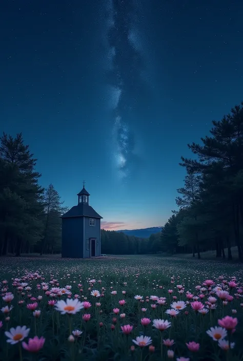 A square, with some flowers on a starry night.
The square has to be very simple, as if it were a beautiful abandoned square