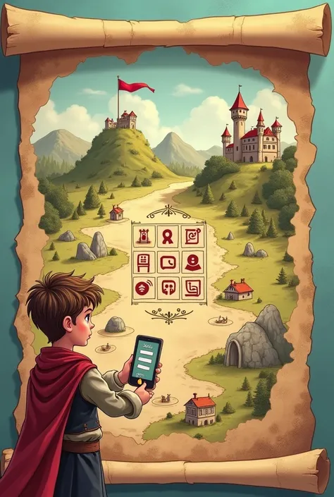 Create a funny caricature of an ancient topographical adventure map made of parchment. 
The map is two-dimensional. On one side of the map stands a young prince with a phone in his hand. 
On the other side of the map is drawn a castle with a red flag flyin...