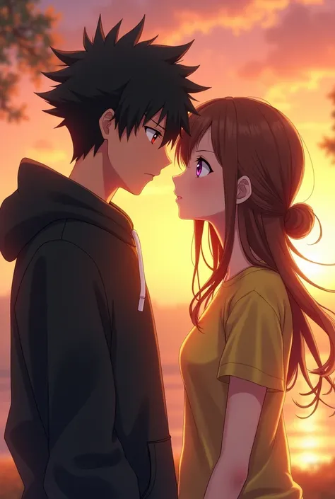 Anime boy ((( Spiky hair , black hair , black hoodie , red eyes , narrowed eye , handsome ))) , anime girl ((( purple eyes , brown hair , tied single bun hair style , yellow t shirt , blank t shirt ))) , matured , sunset theme , romantic 