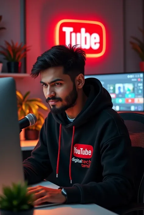 Create a image of
"A 30 years men ,
sitting in front of a computer desk
with a microphone and laptop,
wearing black and red hoodie
with the Channel Name on it "DIGITAL TECH TAMIL".
The background includes
a large YouTube logo on the wall,
potted plants on ...