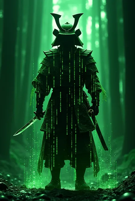 DIGITIZE YOUR ARMS,SAMURAI&#39;s body is made up of electrons,matrix,Samurai made up of green letters,High resolution, Highest quality, High detail, Ultra high definition, silhouette, 