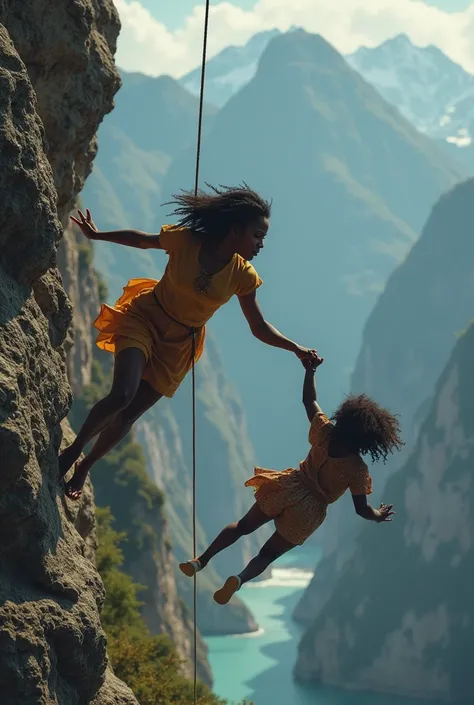 An African-American mother trying to save her daughter who is being seen falling out from a cliff, and there is a rope next to the mom but the mom chooses to help her daughter with her arm instead of the rope