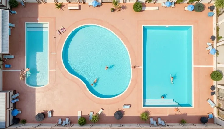 Aerial photography of a swimming pool complex, highlighting three distinct pools: an oval, a rectangle, and a square. The surrounding terracotta tiles create a warm contrast with the vivid blue water, with a few swimmers and sunbathers adding life to the s...