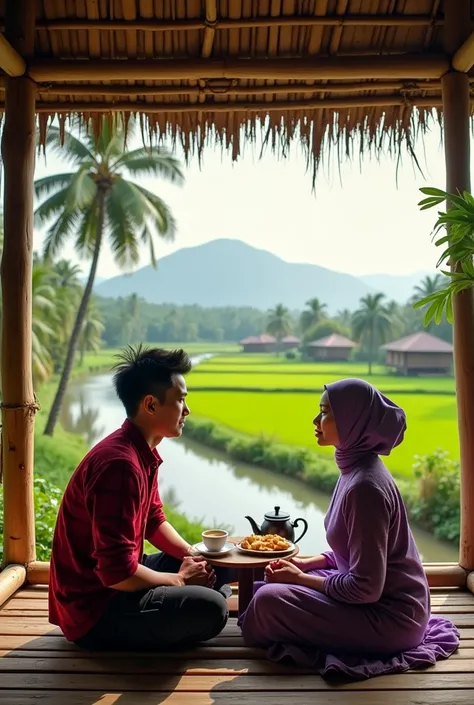 a handsome Indonesian man, short spiky black hair, red checkered shirt, cargo pants 3/4, and a beautiful Indonesian woman, hijab, purple chipao china dress, sitting on the floor of a bamboo hut in front of a table with 2 cups of coffee available, and a tea...