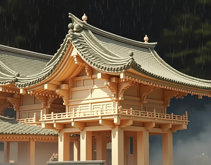 (The rain has stopped and everything has been purified:1.2)、(The ancient Izumo Taisha Shrine emerges from a scene shrouded in mist and clouds.:1.4)、(The roof is shining in the soft sunlight.)、Ancient Japanese Mythology、The ancient Izumo Taisha shrine、(All ...