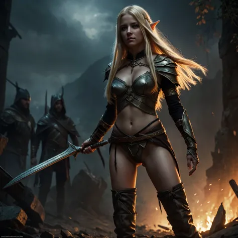 a beautiful blonde girl with long hair, wearing tattered damaged clothes, small breasts, an elven skimpy armor made of leaves, thigh high boots, fit and thin body, surrounded by angry barbarians, (best quality,4k,8k,highres,masterpiece:1.2),ultra-detailed,...