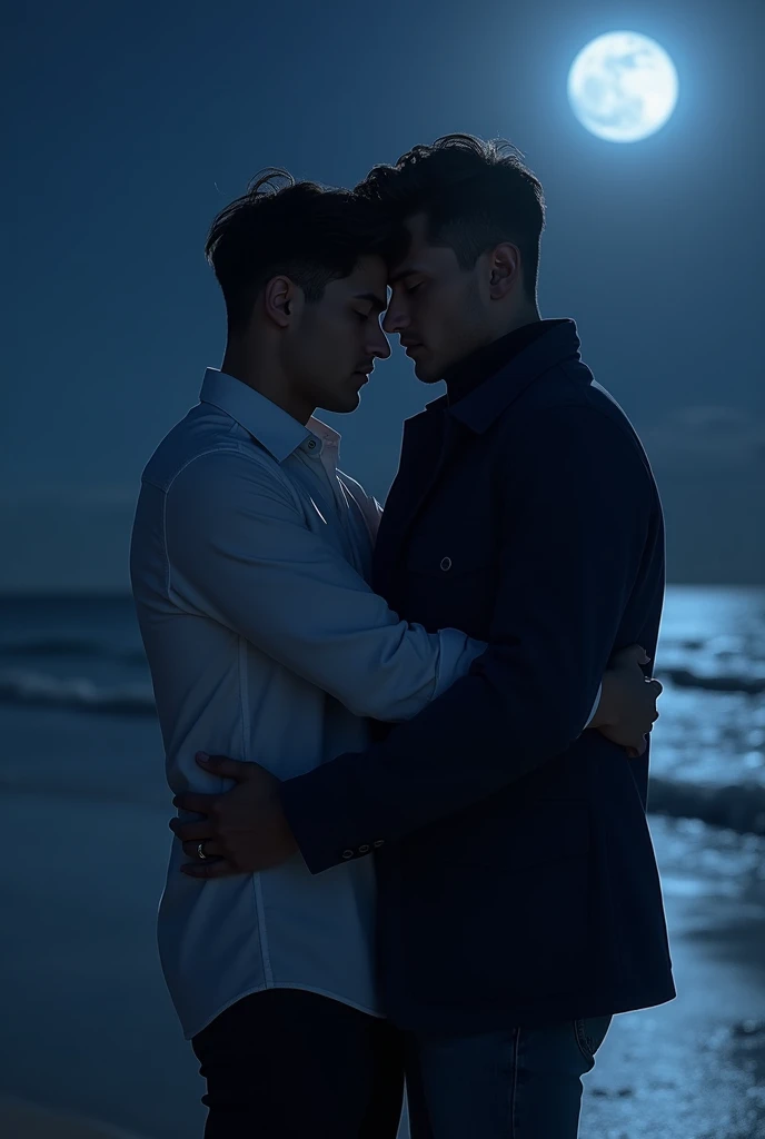 2 men kissing at night on the beach in the costata under the moonlight, 1 with a shirt and the other with the jacket on top without using the sleeves, more human and so that their faces cannot be seen and the jacket covers them more and that it is blue 