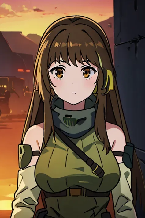 ((Highest quality)), ((masterpiece)), (detailed), One girl, Medium breast, Brown Hair, brown eyes, one green strand of hair, M4A1 (Girl Frontline), sunset background 