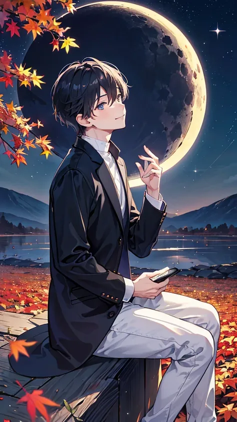 Highest quality、Young man looking up at the night sky、smile、iPhone lock screen image、Sitting on the ground、Autumn scenery、Beautiful moon and starry sky、wearing a black rider&#39;s jacket、Black Hair、Short Hair、1 male