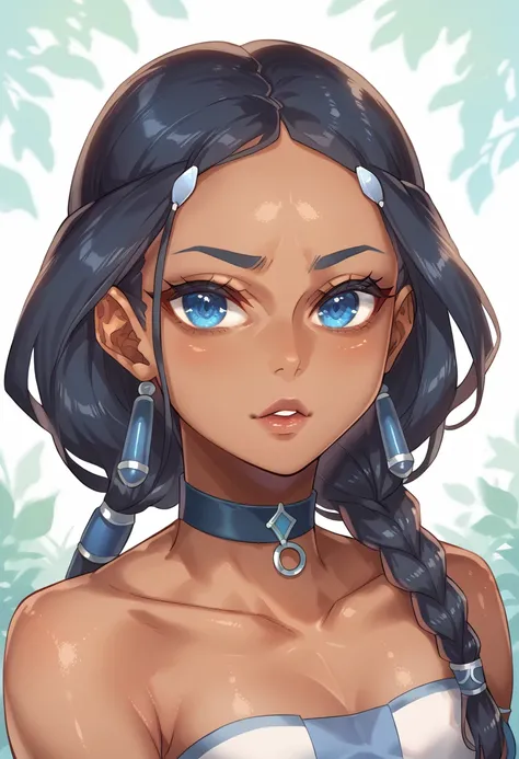 Katara, darkskin, dark skinned female, blue colored eyes, Braid, choker, jewerly