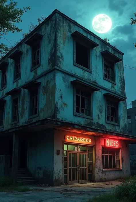 Un ancien club de nuit abandonné à Manille, avec une façade décolorée et des fenêtres brisées. La lumière de la lune éclaire faiblement le bâtiment décrépit, créant une ambiance sombre et inquiétante.