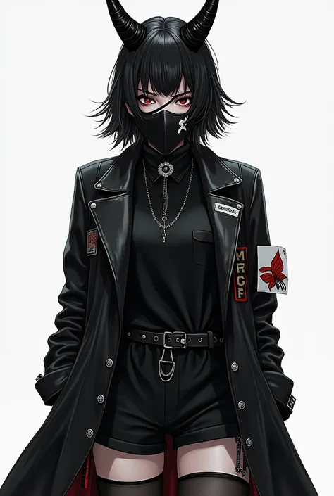 Woman wearing a plain black short shirt wearing a black jacket with an Indonesian sticker on the left wearing a long black jacket wearing black devil horns wearing a white eye patch wearing a black mask wearing short black hair to the shoulders and small w...