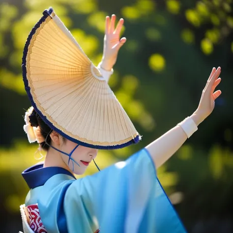 photo-realistic quality、dancing the awa odori dance in traditional light blue kimonos、straw hat、wood々outdoors surrounded by, rai...