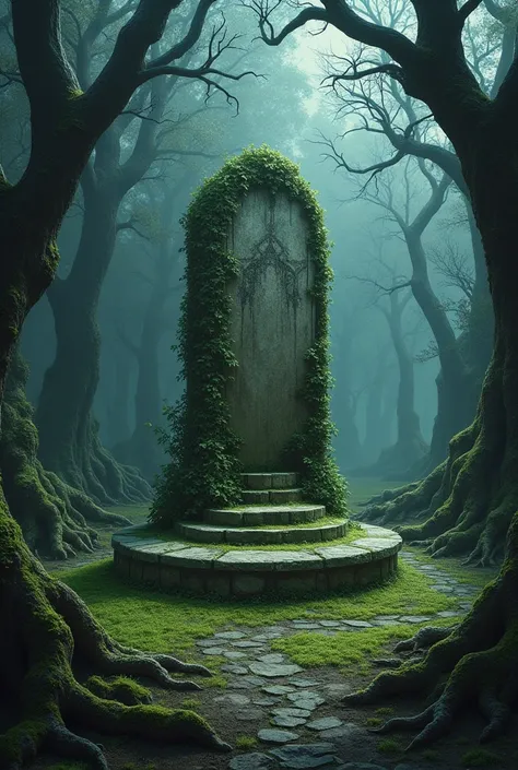 A circular clearing in the middle of the forest where no grass grows, and the trees around it are twisted and dead. In the center lies an ancient, moss-covered stone altar, stained with something dark and ominous