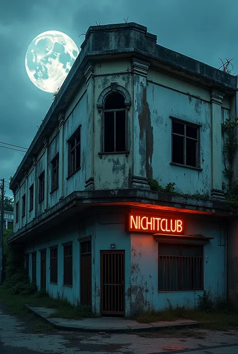 Un ancien club de nuit abandonné à Manille, avec une façade décolorée et des fenêtres brisées. La lumière de la lune éclaire faiblement le bâtiment décrépit, créant une ambiance sombre et inquiétante.