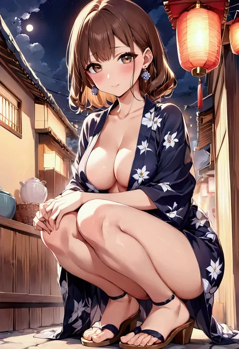 高いquality illustration, masterpiece, Very delicate and beautiful, Slender body, Anime Style, Beautiful Eyes, masterpiece, Highest quality, High resolution, Very detailed, Perfect lighting、Very young、1 female、night、festival，blush、Cleavage、yukata、Brown Hair、...