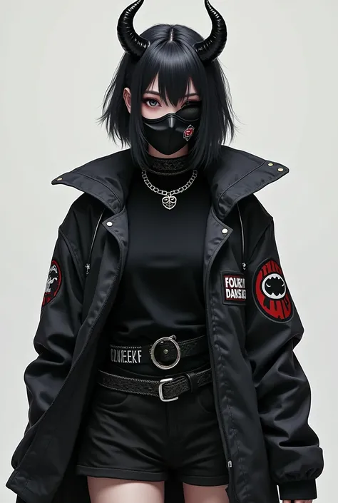 Woman wearing a plain black short shirt wearing a black jacket with an Indonesian sticker on the left wearing a long black jacket wearing black devil horns wearing a white eye patch wearing a black mask wearing short black hair to the shoulders and small w...