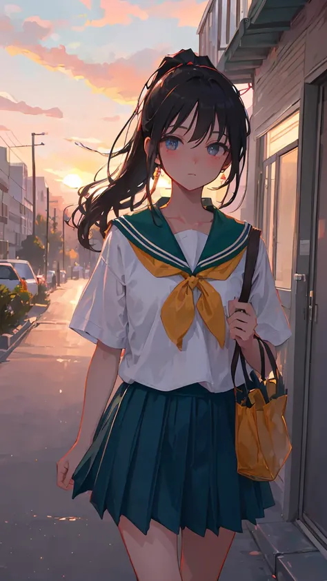 ((Top Quality)), ((Excellent)), (Details), masterpiece, best quality, UHD, high detailed face, high detailed eyes, A Japanese high school girl walking home after school during the late summer evening. She is wearing her school uniform and walking with empt...