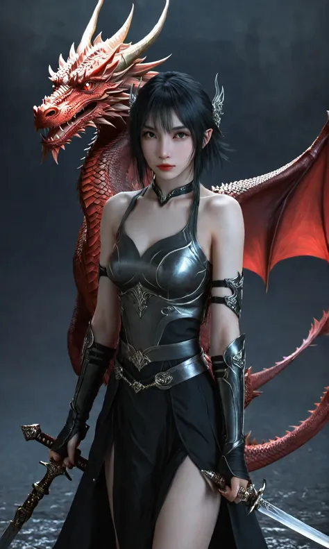 Female, fantasy, art, black, White, Red, Dragon, sword, sword, sword, sword, sword, sword, sword, sword,, by Yang J, dark fantasy style art, Epic fantasy art style, 2. 5 D CGI anime fantasy artwork, Fantasy art style, Fanart Meilleure ArtStation, Epic fant...