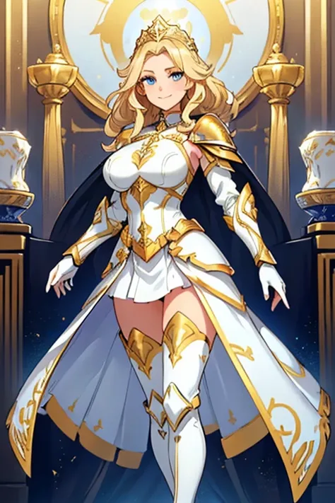 female, blonde long curly hair, blue eyes, (((1girl))), (((white and gold armor))), (white and gold breastplate), (white and gold metal gauntlets), (white and gold metal thigh heel boots), (blue skirt), cute and sexy, full body, large breasts, long legs, s...