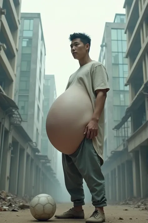 give me a handsome young korean guy with smooth white skin no shirt and he is pregnant with a super giant belly and lives in an abandoned but modern city with a smiling face and the babies inside his belly kicking nonstop and he Is playing football 