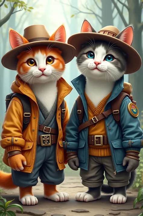 Create drawing images of two adult male cats, one white and orange and the other white and gray and black, wearing an adventurer&#39;s hat and outfit.