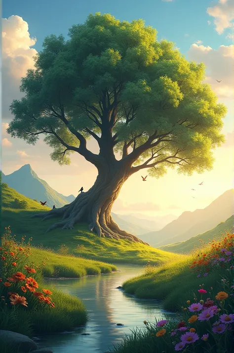 Imagine a serene countryside scene with a large, majestic tree as the focal point. The tree’s branches stretch out wide, providing shelter to a variety of birds perched among its leaves. Beneath the tree, a small, winding stream flows gently, reflecting th...