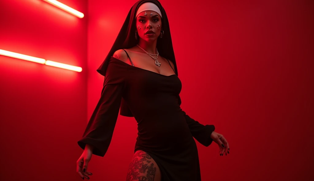 A highly detailed and provocative image of a seductive woman dressed as a nun, blending traditional religious attire with modern, edgy elements. The nun’s habit is slightly modified to accentuate her curvaceous and aesthetic body, revealing her figure whil...