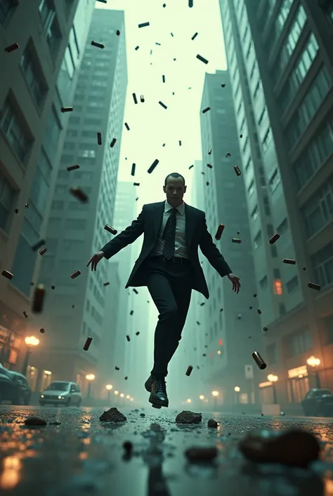 
"Create an image of a dramatic bullet-time scene inspired by The Matrix. The scene should capture the moment when time slows down drastically. The protagonist is in mid-air, leaning back in a gravity-defying pose, dodging a series of bullets that are froz...