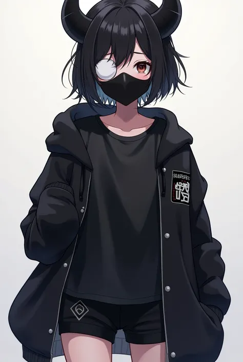 Anime girl wearing a short plain black shirt wearing a black jacket Indonesian sticker on the left wearing a long black jacket wearing black devil horns wearing a white eye patch wearing a black mask wearing short black hair ad small white hair shorts 