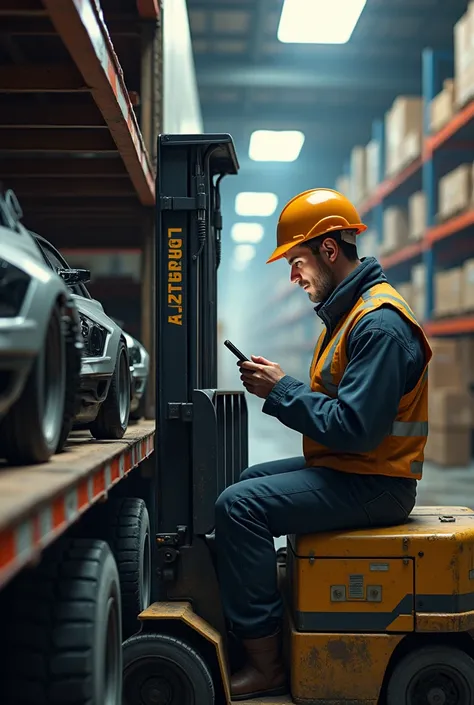 Driver use mobilephone when forklift unload parts from truck.