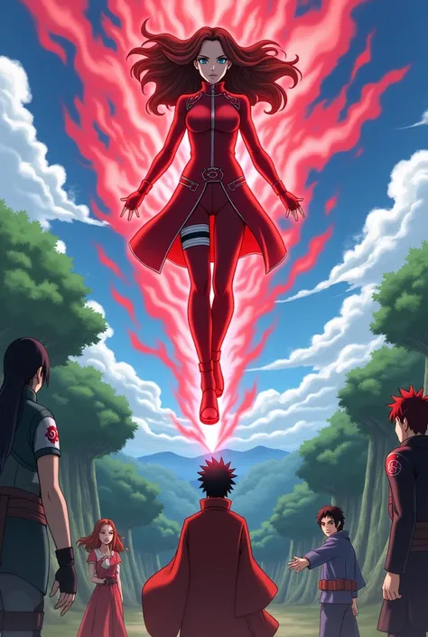 Wanda maximoff anime very anime Naruto arrives in Konoha flying anime Naruto Shippuden Wanda lands with a scarlet explosion Sasuke and Sakura and Naruto turn to see her and get into a fighting stance 