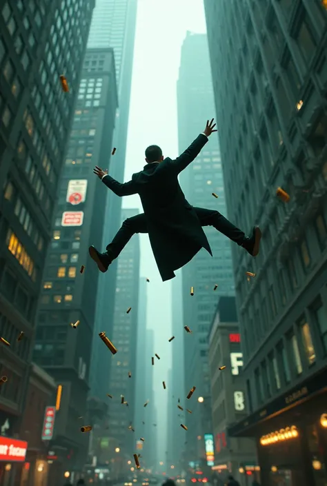 
"Create an image of a dramatic bullet-time scene inspired by The Matrix. The scene should capture the moment when time slows down drastically. The protagonist is in mid-air, leaning back in a gravity-defying pose, dodging a series of bullets that are froz...