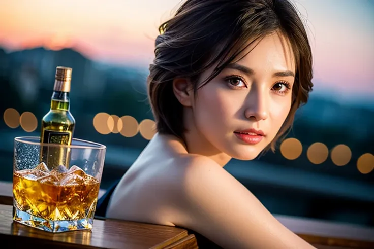 8k,Brown short hair,Japanese actress,Super Beauty(Like the real thing),Short sleeve dress,Whiskey bottles、The Macallan、Johnnie Walker、、Old Parr、whiskey、Suntory、Nikka、Slim couple、Model Couple、(Realistic, Intricate details:1.2), full-course dinner、Whiskey bo...